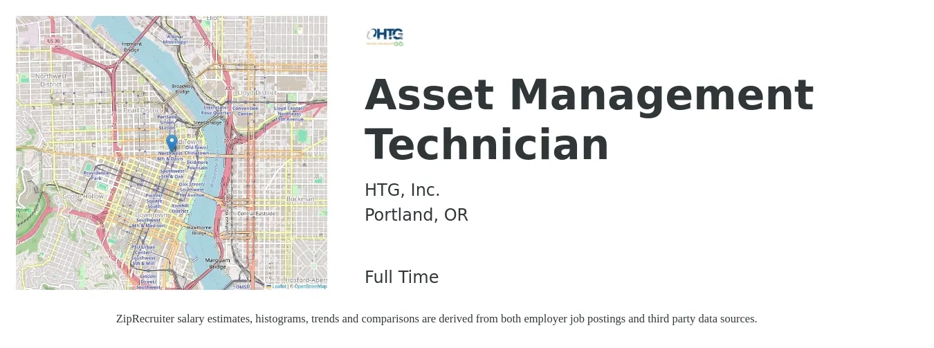 HTG, Inc. job posting for a Asset Management Technician in Portland, OR with a salary of $21 to $23 Hourly with a map of Portland location.