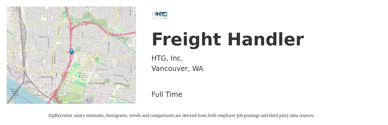 HTG, Inc. job posting for a Freight Handler in Vancouver, WA with a salary of $18 Hourly with a map of Vancouver location.