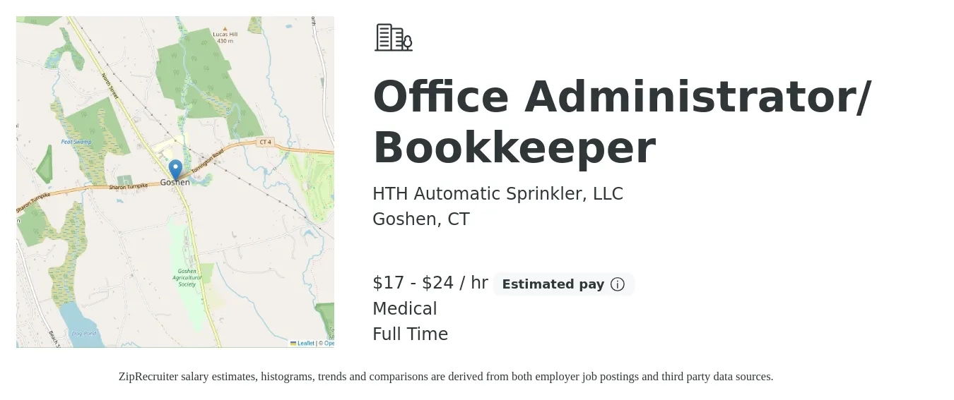 HTH Automatic Sprinkler, LLC job posting for a Office Administrator/ Bookkeeper in Goshen, CT with a salary of $18 to $25 Hourly and benefits including medical with a map of Goshen location.