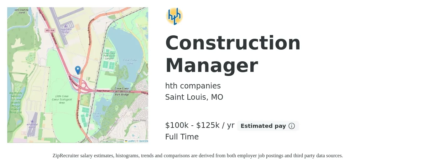 hth companies job posting for a Construction Manager in Saint Louis, MO with a salary of $48 to $60 Hourly with a map of Saint Louis location.