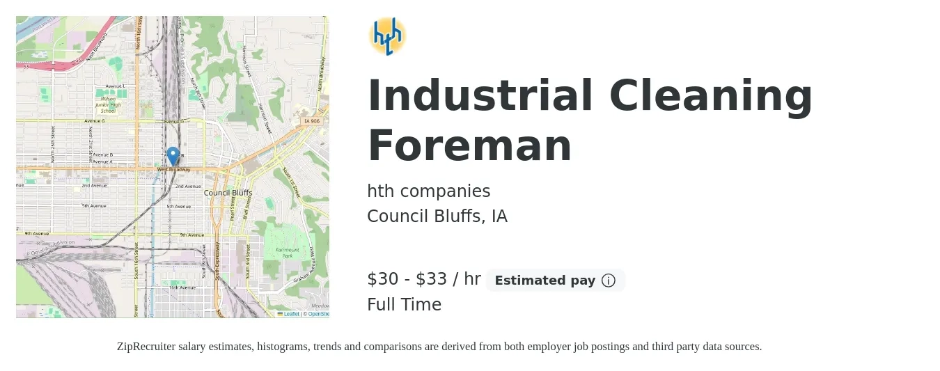 hth companies job posting for a Industrial Cleaning Foreman in Council Bluffs, IA with a salary of $32 to $35 Hourly with a map of Council Bluffs location.