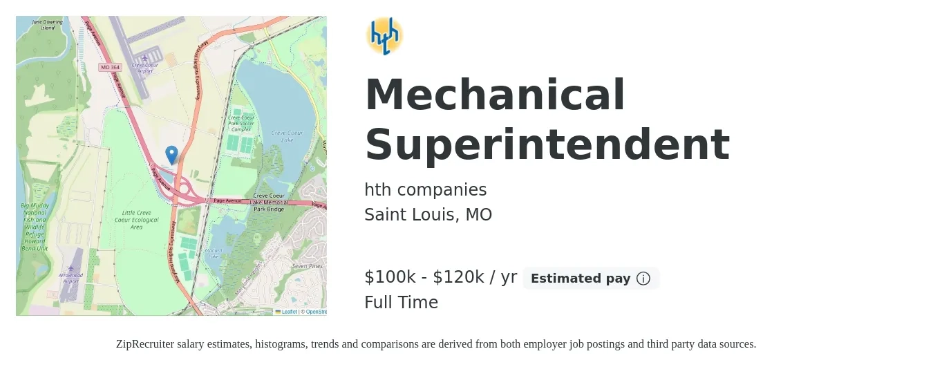 hth companies job posting for a Mechanical Superintendent in Saint Louis, MO with a salary of $100,000 to $120,000 Yearly with a map of Saint Louis location.