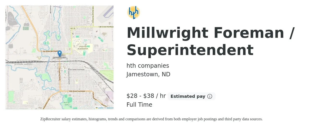 hth companies job posting for a Millwright Foreman / Superintendent in Jamestown, ND with a salary of $30 to $40 Hourly with a map of Jamestown location.