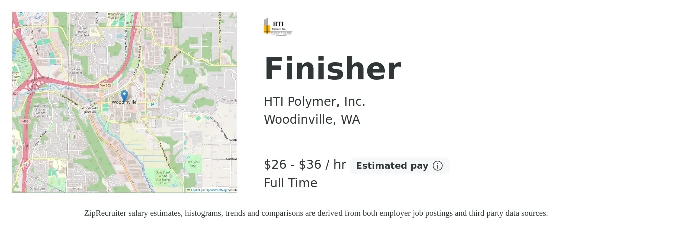 HTI Polymer, Inc. job posting for a Finisher in Woodinville, WA with a salary of $25 to $32 Hourly with a map of Woodinville location.