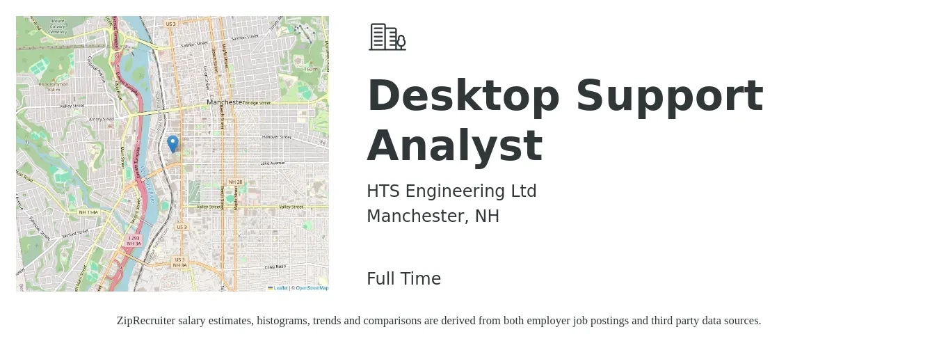 HTS Engineering job posting for a Desktop Support Analyst in Manchester, NH with a salary of $23 to $31 Hourly with a map of Manchester location.