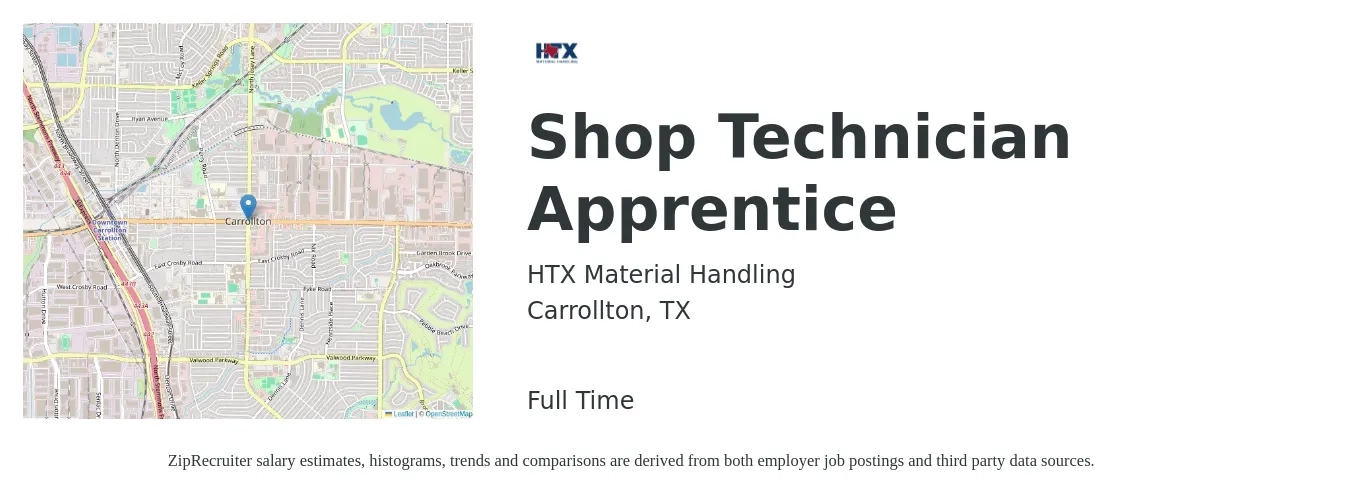 HTX Material Handling job posting for a Shop Technician Apprentice in Carrollton, TX with a salary of $16 to $21 Hourly with a map of Carrollton location.