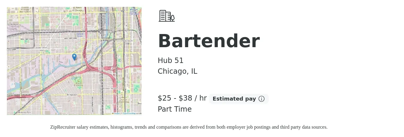 Hub 51 job posting for a Bartender in Chicago, IL with a salary of $26 to $40 Hourly with a map of Chicago location.