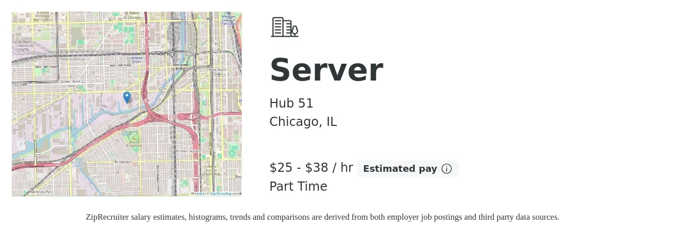 Hub 51 job posting for a Server in Chicago, IL with a salary of $26 to $40 Hourly with a map of Chicago location.
