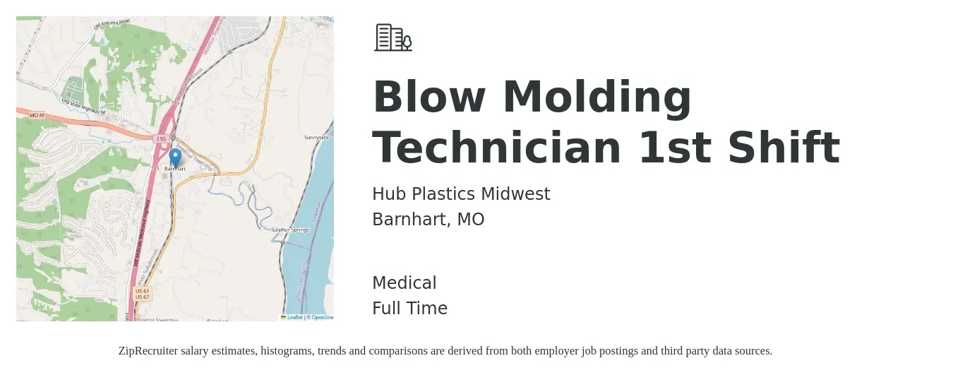 Hub Plastics Midwest job posting for a Blow Molding Technician 1st Shift in Barnhart, MO with a salary of $20 to $30 Hourly and benefits including medical, and pto with a map of Barnhart location.