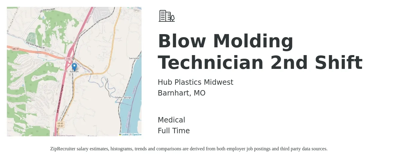 Hub Plastics Midwest job posting for a Blow Molding Technician 2nd Shift in Barnhart, MO with a salary of $20 to $30 Hourly and benefits including medical, and pto with a map of Barnhart location.