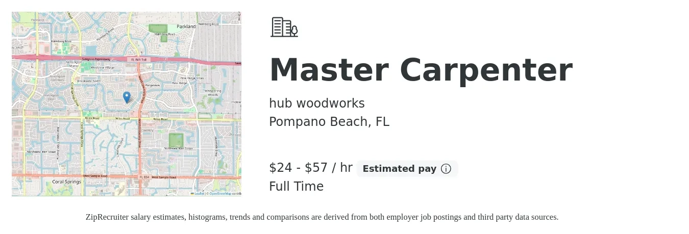hub woodworks job posting for a Master Carpenter in Pompano Beach, FL with a salary of $25 to $60 Hourly with a map of Pompano Beach location.