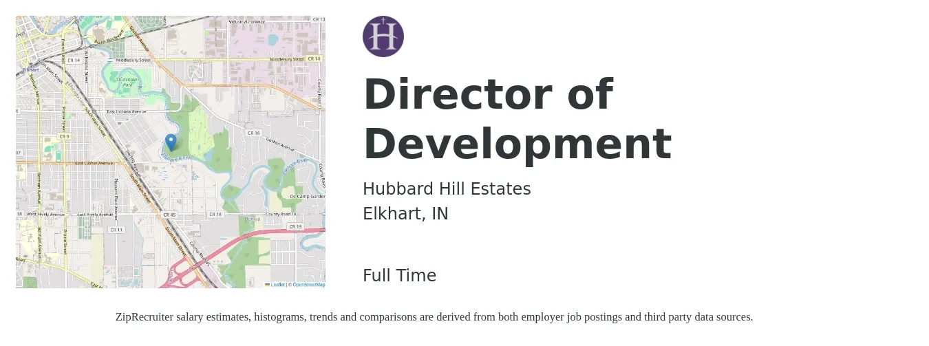 Hubbard Hill Estates job posting for a Director of Development in Elkhart, IN with a salary of $67,000 to $103,800 Yearly with a map of Elkhart location.