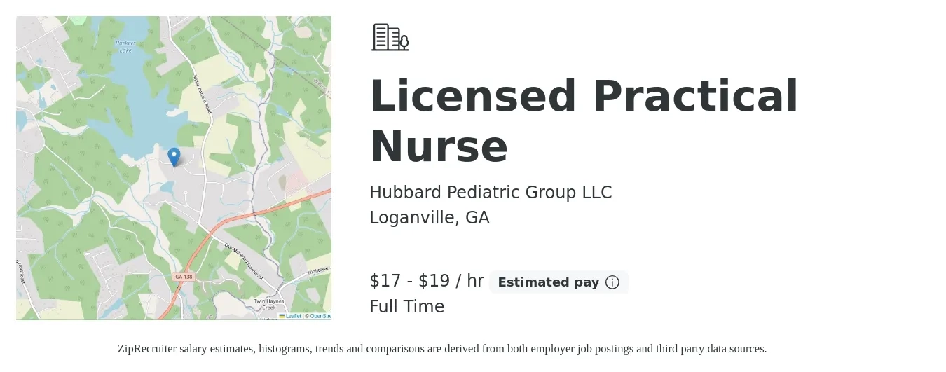 Hubbard Pediatric Group LLC job posting for a Licensed Practical Nurse in Loganville, GA with a salary of $18 to $20 Hourly with a map of Loganville location.
