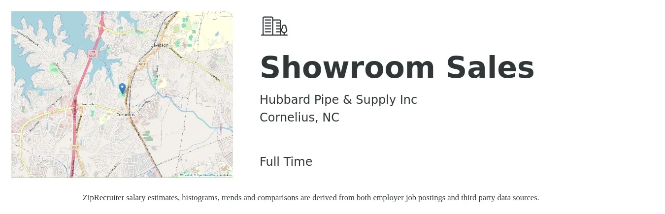 Hubbard Pipe & Supply Inc job posting for a Showroom Sales in Cornelius, NC with a salary of $17 to $21 Hourly with a map of Cornelius location.