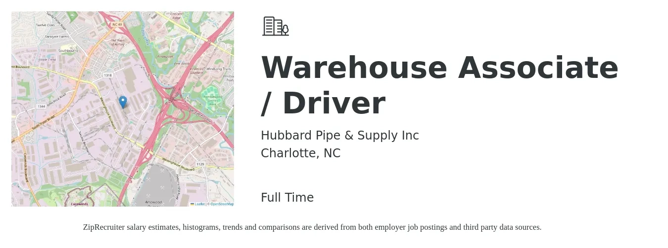 Hubbard Pipe & Supply Inc job posting for a Warehouse Associate / Driver in Charlotte, NC with a salary of $17 to $20 Hourly with a map of Charlotte location.