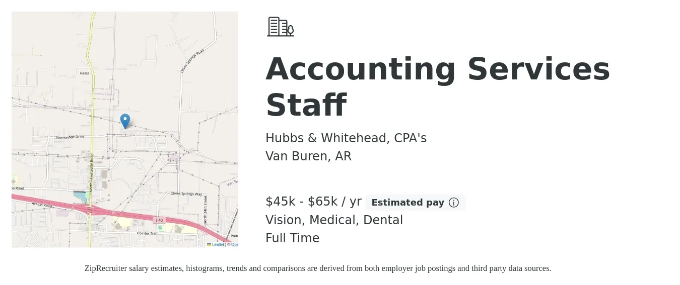 Hubbs & Whitehead, CPA's job posting for a Accounting Services Staff in Van Buren, AR with a salary of $45,000 to $65,000 Yearly and benefits including life_insurance, medical, pto, retirement, vision, and dental with a map of Van Buren location.
