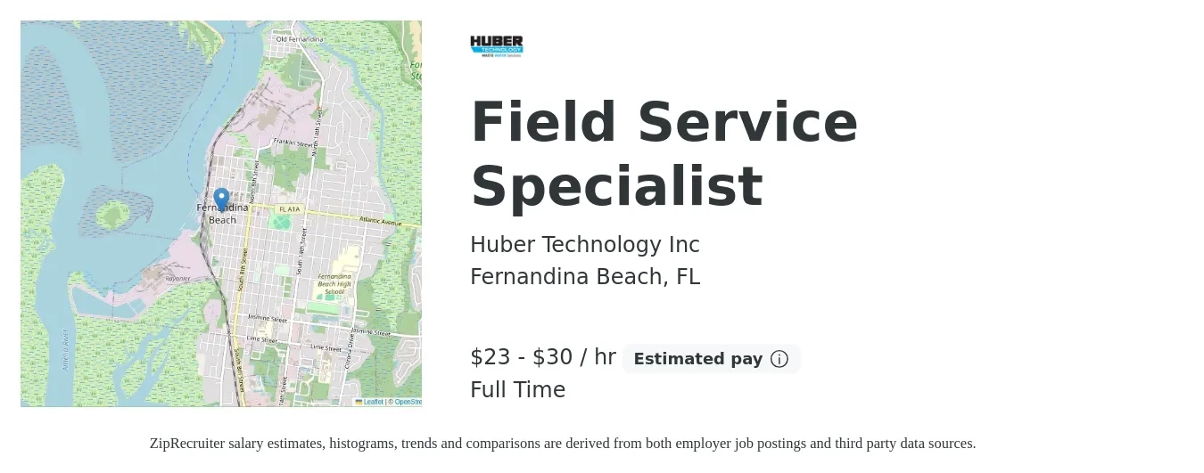 Huber Technology Inc job posting for a Field Service Specialist in Fernandina Beach, FL with a salary of $24 to $32 Hourly with a map of Fernandina Beach location.