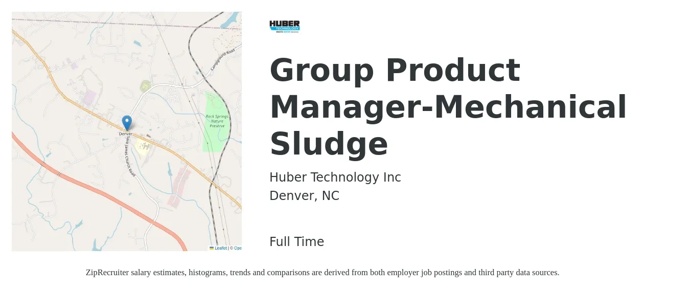 Huber Technology Inc job posting for a Group Product Manager-Mechanical Sludge in Denver, NC with a salary of $130,400 to $182,200 Yearly with a map of Denver location.