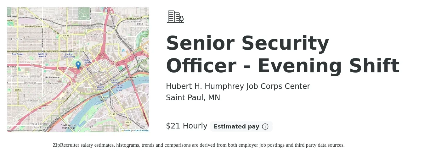 Hubert H. Humphrey Job Corps Center job posting for a Senior Security Officer - Evening Shift in Saint Paul, MN with a salary of $22 Hourly with a map of Saint Paul location.