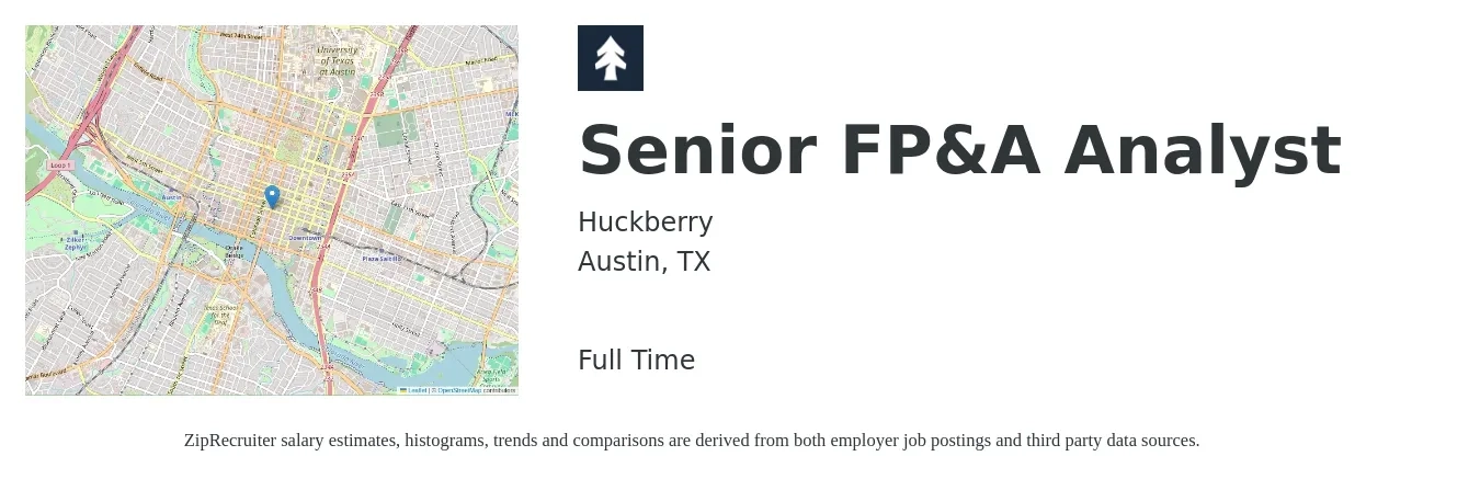 Huckberry job posting for a Senior FP&A Analyst in Austin, TX with a salary of $84,700 to $105,600 Yearly with a map of Austin location.