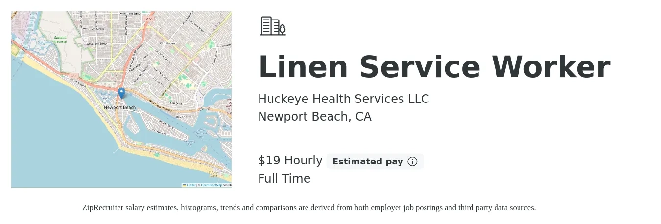 Huckeye Health Services LLC job posting for a Linen Service Worker in Newport Beach, CA with a salary of $20 Hourly with a map of Newport Beach location.