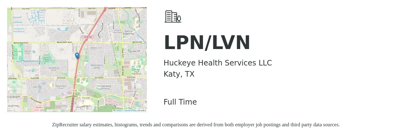Huckeye Health Services LLC job posting for a LPN/LVN in Katy, TX with a salary of $23 to $30 Hourly with a map of Katy location.