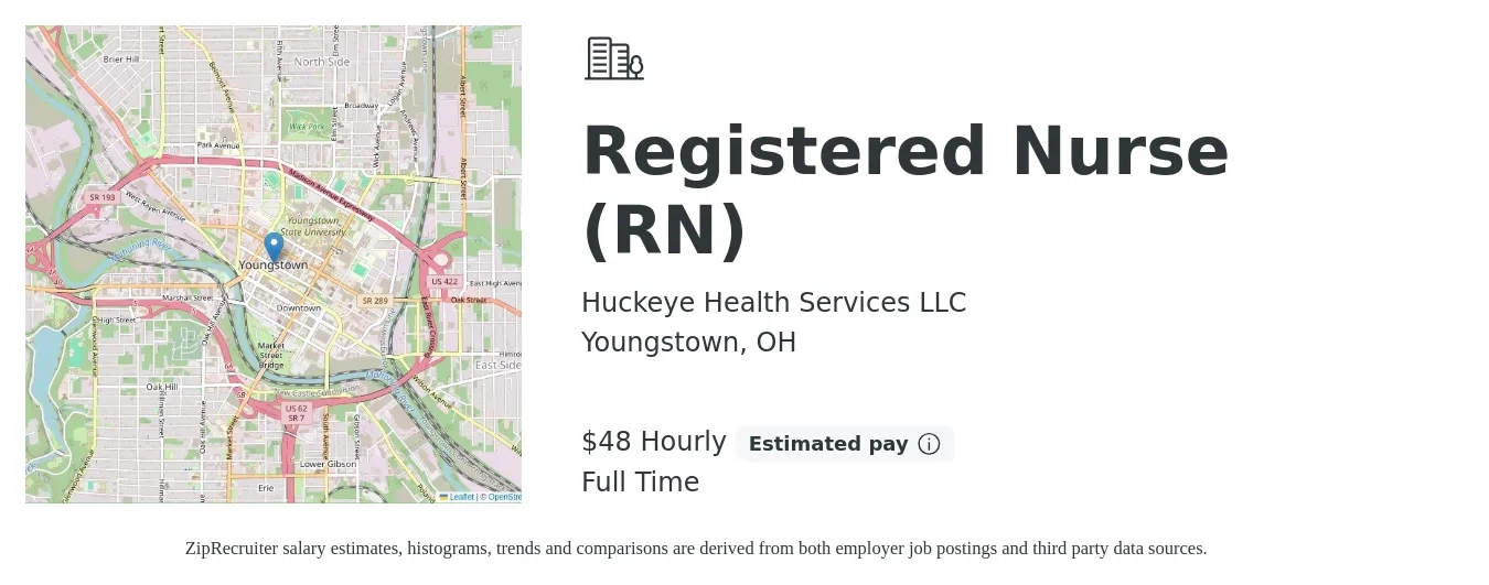 Huckeye Health Services LLC job posting for a Registered Nurse (RN) in Youngstown, OH with a salary of $50 Hourly with a map of Youngstown location.