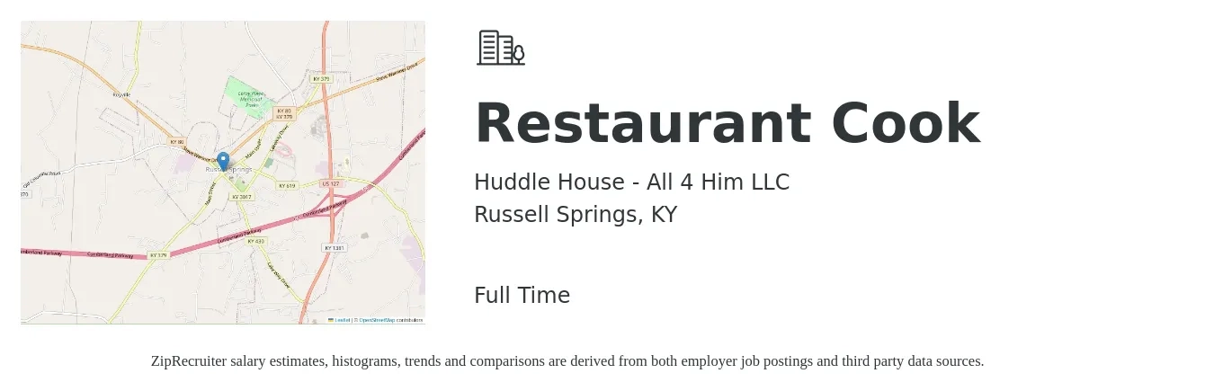 Huddle House - All 4 Him LLC job posting for a Restaurant Cook in Russell Springs, KY with a salary of $10 to $13 Hourly with a map of Russell Springs location.