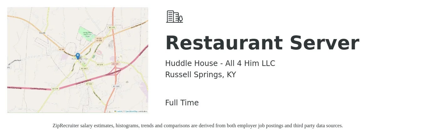 Huddle House - All 4 Him LLC job posting for a Restaurant Server in Russell Springs, KY with a salary of $8 to $14 Hourly with a map of Russell Springs location.