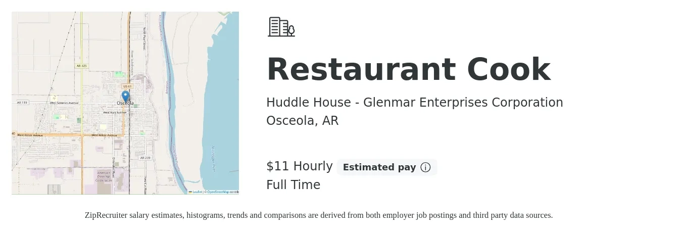 Huddle House - Glenmar Enterprises Corporation job posting for a Restaurant Cook in Osceola, AR with a salary of $12 Hourly with a map of Osceola location.
