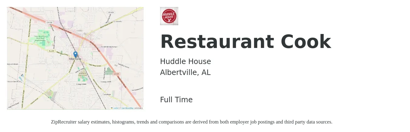 Huddle House job posting for a Restaurant Cook in Albertville, AL with a salary of $10 to $13 Hourly with a map of Albertville location.