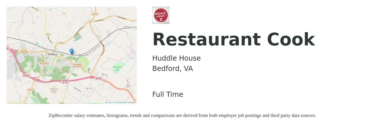 Huddle House job posting for a Restaurant Cook in Bedford, VA with a salary of $10 to $13 Hourly with a map of Bedford location.