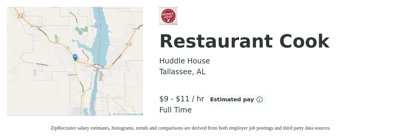 Huddle House job posting for a Restaurant Cook in Tallassee, AL with a salary of $10 to $12 Hourly with a map of Tallassee location.