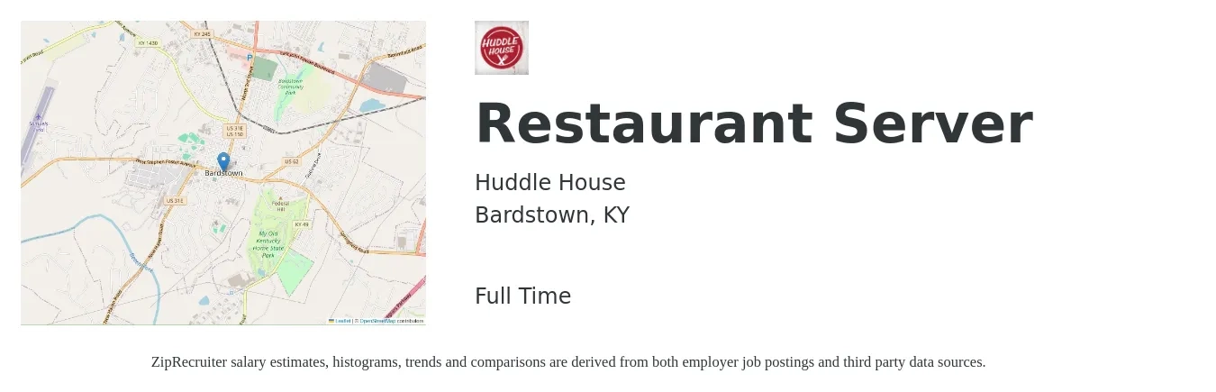 Huddle House job posting for a Restaurant Server in Bardstown, KY with a salary of $9 to $14 Hourly with a map of Bardstown location.