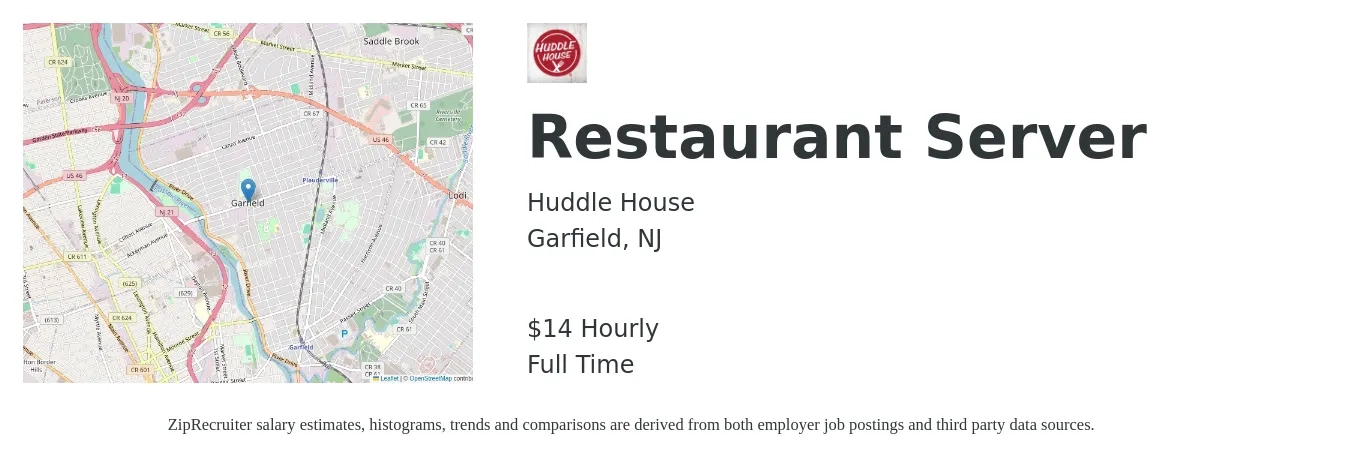 Huddle House job posting for a Restaurant Server in Garfield, NJ with a salary of $15 Hourly with a map of Garfield location.
