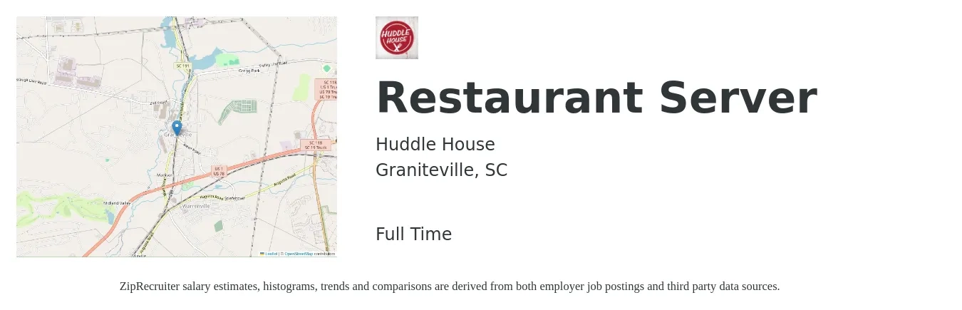 Huddle House job posting for a Restaurant Server in Graniteville, SC with a salary of $8 to $14 Hourly with a map of Graniteville location.