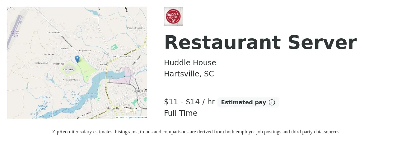 Huddle House job posting for a Restaurant Server in Hartsville, SC with a salary of $12 to $15 Hourly with a map of Hartsville location.