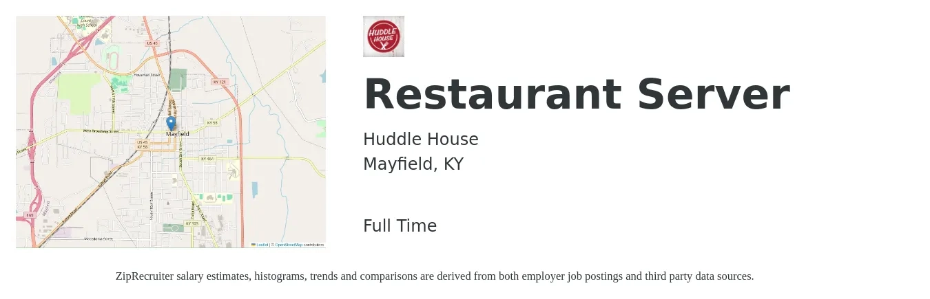 Huddle House job posting for a Restaurant Server in Mayfield, KY with a salary of $8 to $14 Hourly with a map of Mayfield location.