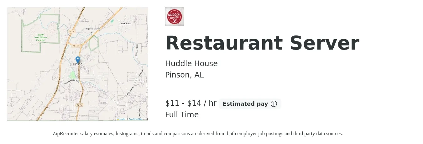 Huddle House job posting for a Restaurant Server in Pinson, AL with a salary of $12 to $15 Hourly with a map of Pinson location.