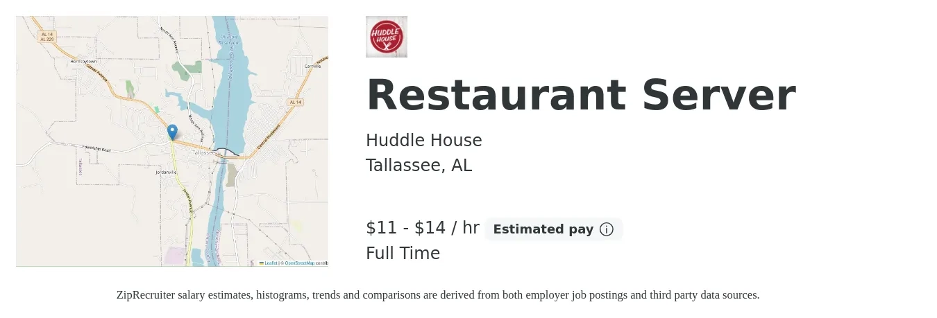 Huddle House job posting for a Restaurant Server in Tallassee, AL with a salary of $12 to $15 Hourly with a map of Tallassee location.