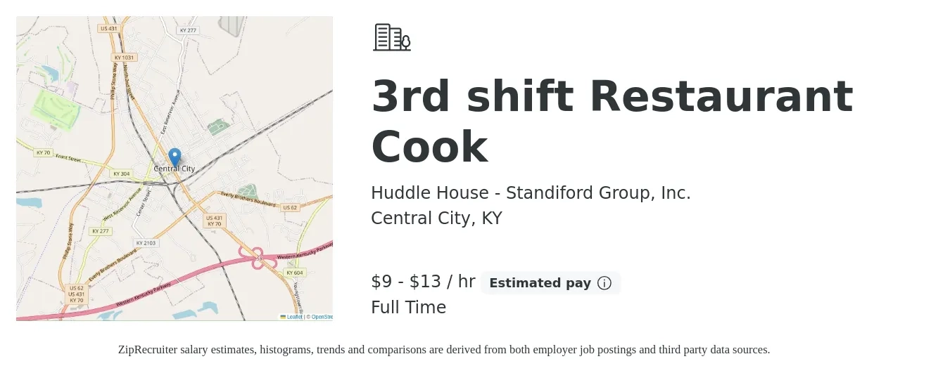 Huddle House - Standiford Group, Inc. job posting for a 3rd shift Restaurant Cook in Central City, KY with a salary of $10 to $14 Hourly with a map of Central City location.