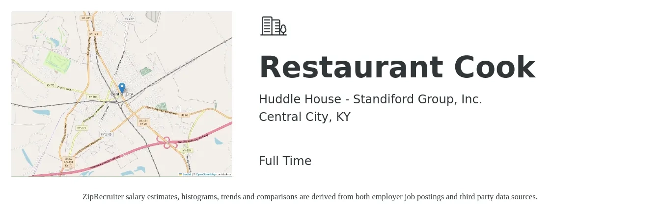 Huddle House - Standiford Group, Inc. job posting for a Restaurant Cook in Central City, KY with a salary of $9 to $12 Hourly with a map of Central City location.