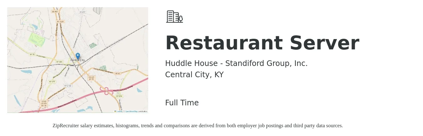 Huddle House - Standiford Group, Inc. job posting for a Restaurant Server in Central City, KY with a salary of $8 to $12 Hourly with a map of Central City location.
