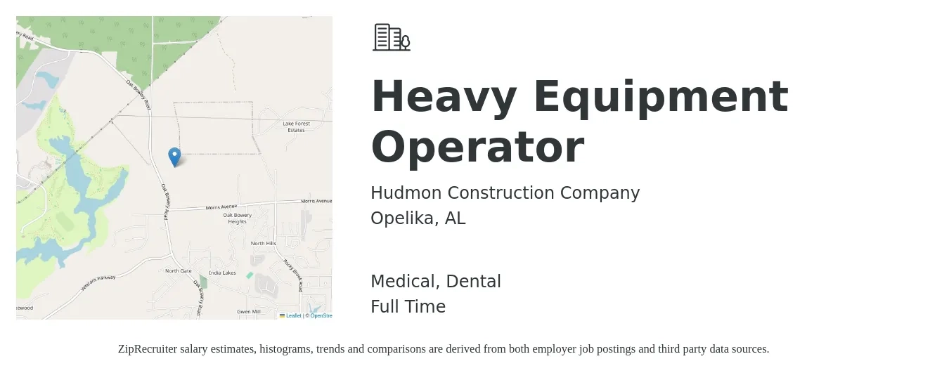 Hudmon Construction Company job posting for a Heavy Equipment Operator in Opelika, AL with a salary of $18 to $26 Hourly and benefits including medical, and dental with a map of Opelika location.