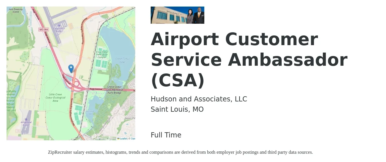 Hudson and Associates, LLC job posting for a Airport Customer Service Ambassador (CSA) in Saint Louis, MO with a salary of $20 Hourly with a map of Saint Louis location.
