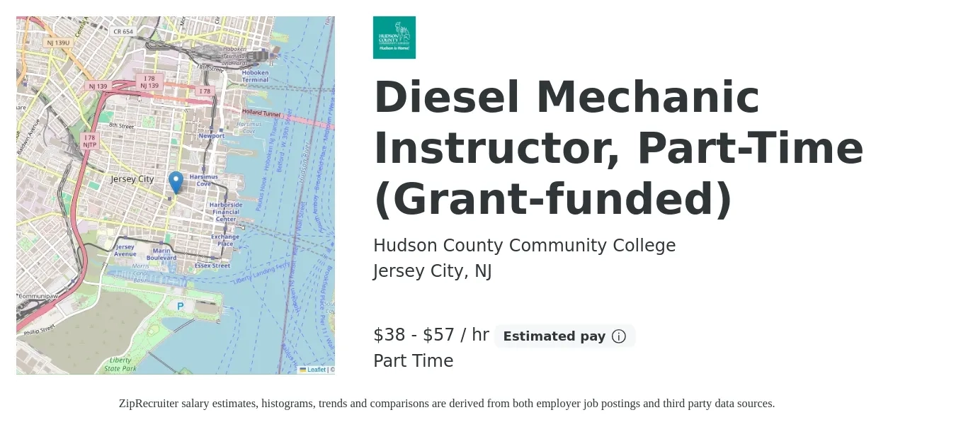 Hudson County Community College job posting for a Diesel Mechanic Instructor, Part-Time (Grant-funded) in Jersey City, NJ with a salary of $40 to $60 Hourly with a map of Jersey City location.