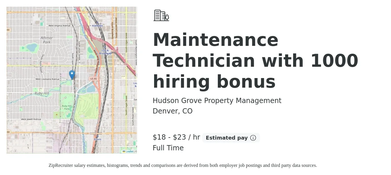 Hudson Grove Property Management job posting for a Maintenance Technician with 1000 hiring bonus in Denver, CO with a salary of $19 to $24 Hourly with a map of Denver location.