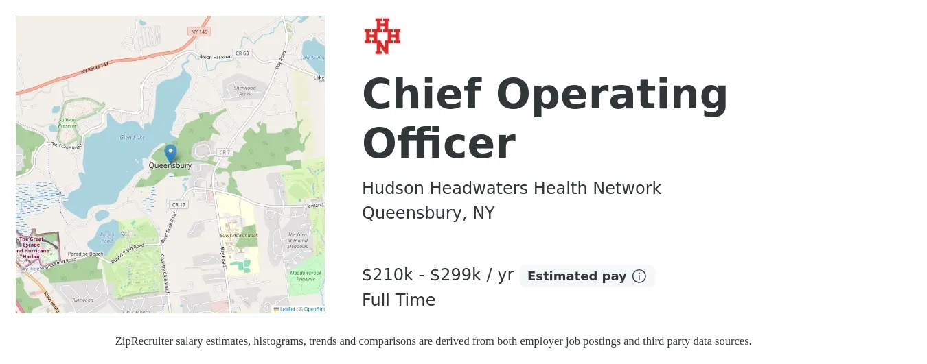 Hudson Headwaters Health Network job posting for a Chief Operating Officer in Queensbury, NY with a salary of $210,900 to $299,100 Yearly with a map of Queensbury location.