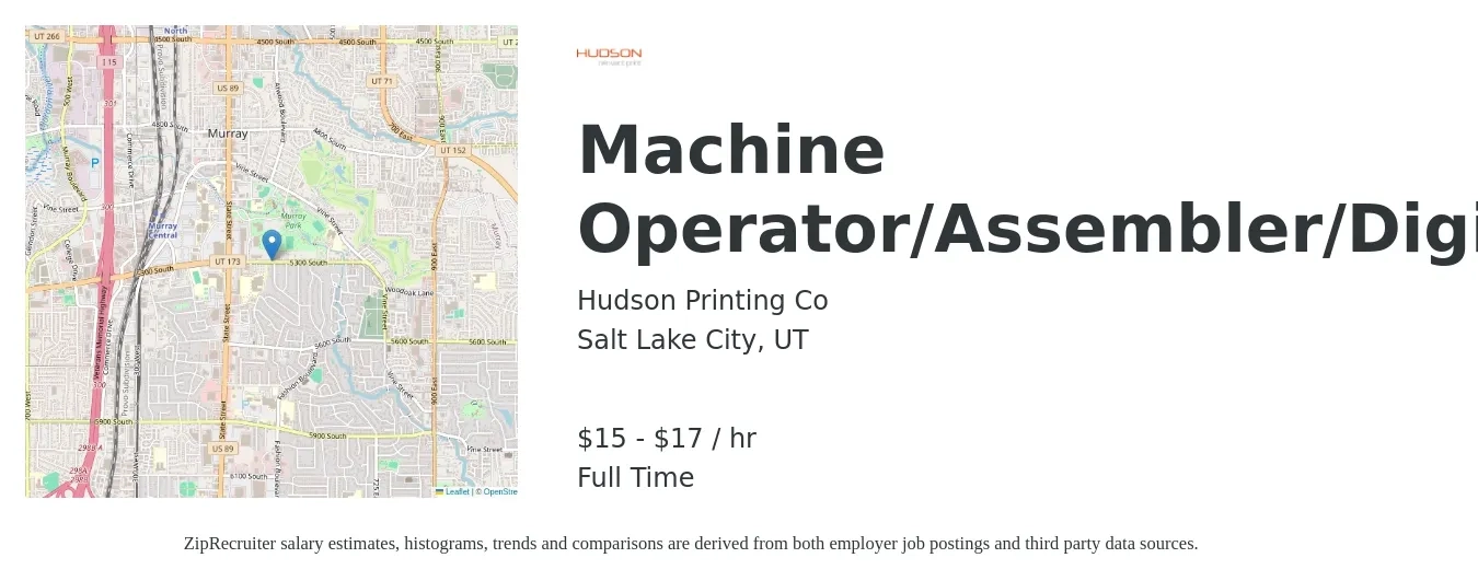 Hudson Printing Co job posting for a Machine Operator/Assembler/Digital in Salt Lake City, UT with a salary of $16 to $18 Hourly with a map of Salt Lake City location.