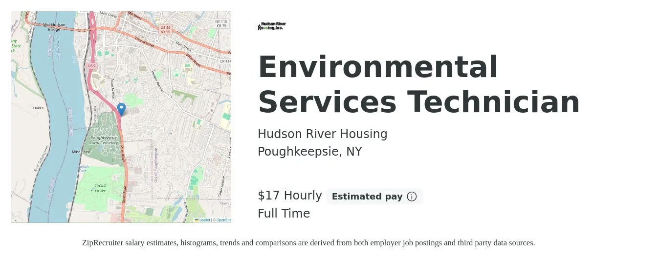 Hudson River Housing job posting for a Environmental Services Technician in Poughkeepsie, NY with a salary of $18 Hourly with a map of Poughkeepsie location.